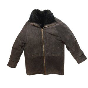 Brown Leather Winter Coat With Faux Fur Lining & Zipper Pockets Mens Size M RARE